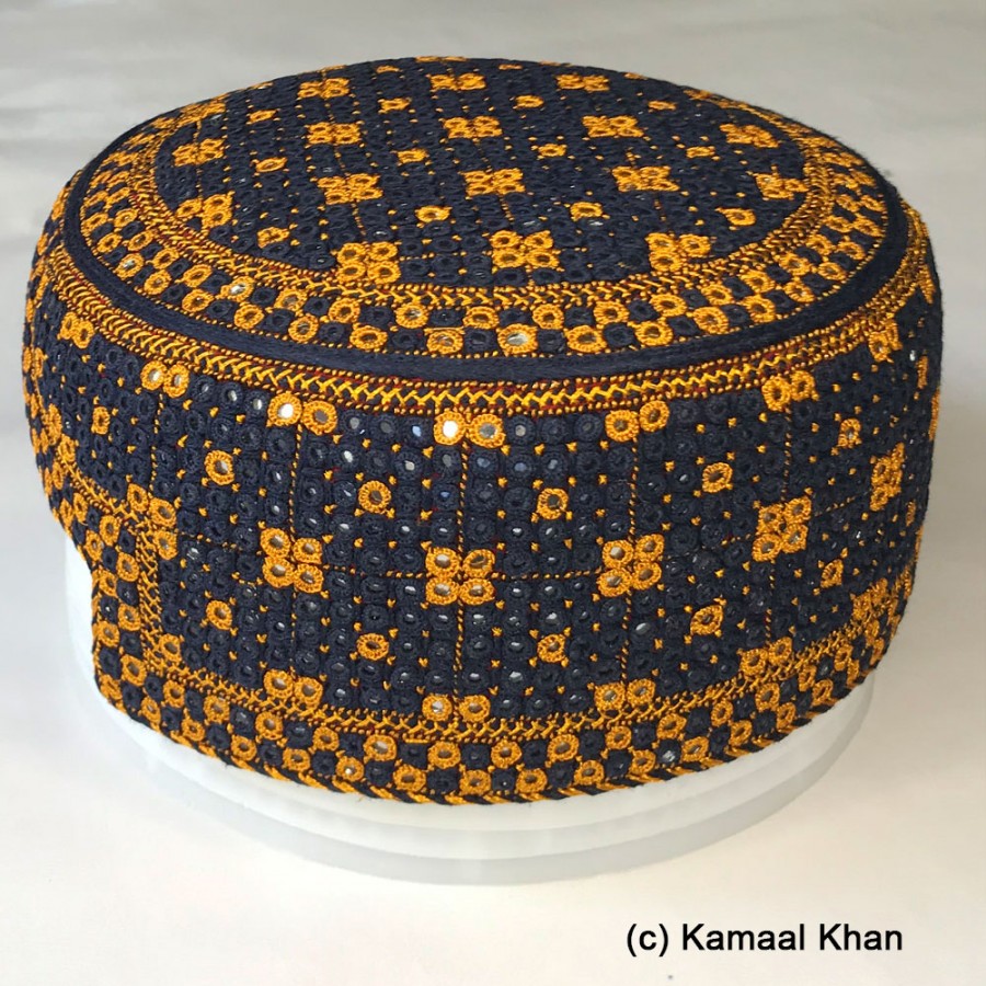 Navy Blue & Golden Yaqoobi Jamali / Zardari Cap or Topi MKC-915